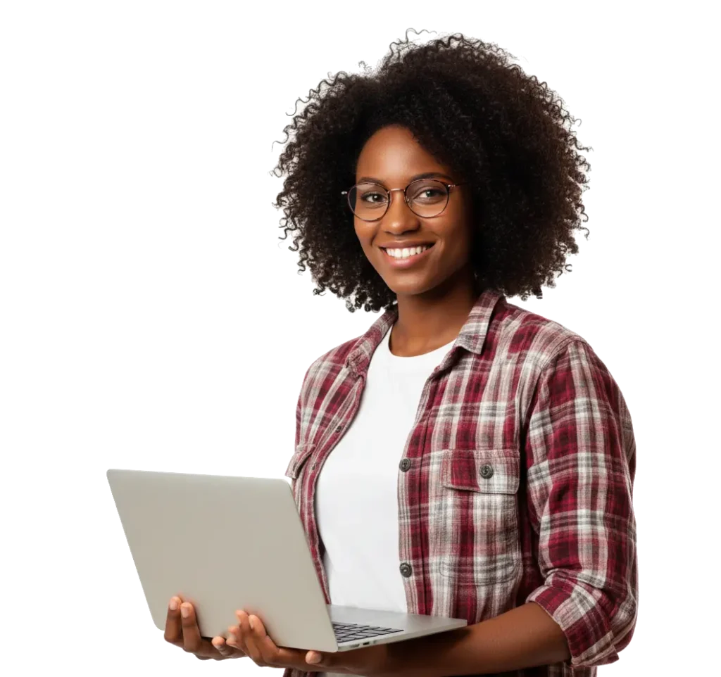 Softeky Hero-banner-Smiling African American woman with afro hair wearing glasses and a plaid shirt, holding a laptop against a white background
